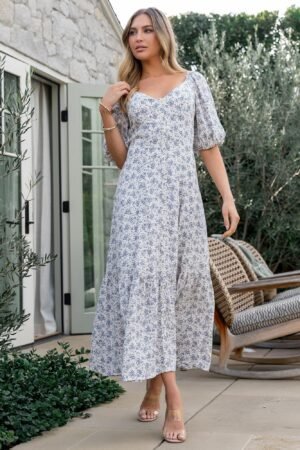 Button Dress | Off White + Blue Floral